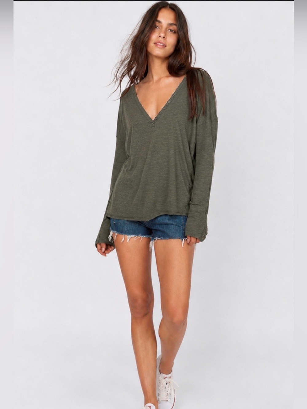 Free People Olive Oversized V Neck Henley Top Slouchy Long Sleeve Small